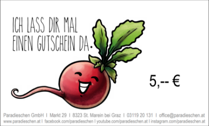 Show details for Paradieschen Gutschein - 5€ - online senden Picture of Paradieschen Gutschein - 5€ - online senden