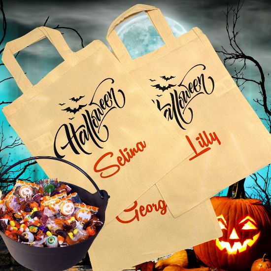 Bild von Personalisierbares Halloween-Sackerl – dein Name, dein Stil, dein Süßigkeiten-Sammler! 🦇🎃