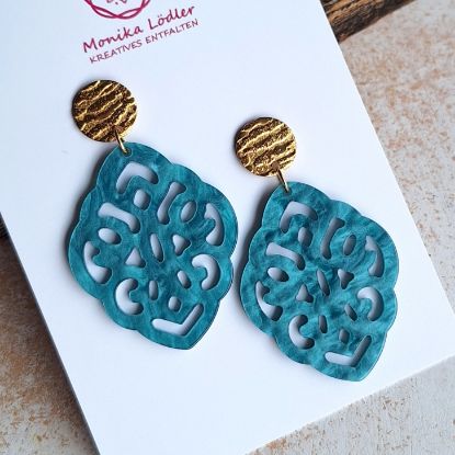 Picture of Ornament-Ohrstecker - Rhombusform aus Resin - blue atoll - Stecker rund goldfarbig