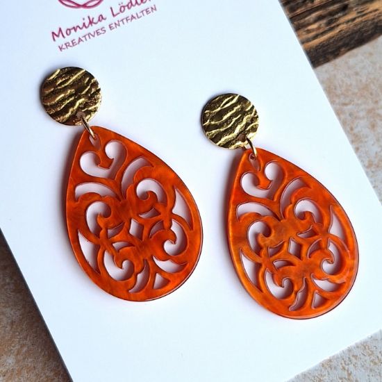 Picture of Ornament-Ohrstecker - Tropfenform aus Resin - flame orange - Stecker Edelstahl gold